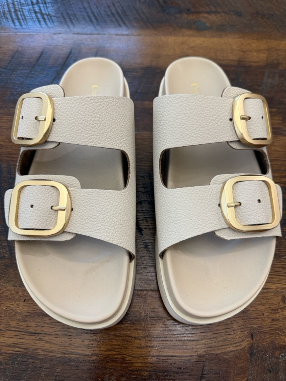 Women’s Cream Platform Slide Sandals with Gold Buckles